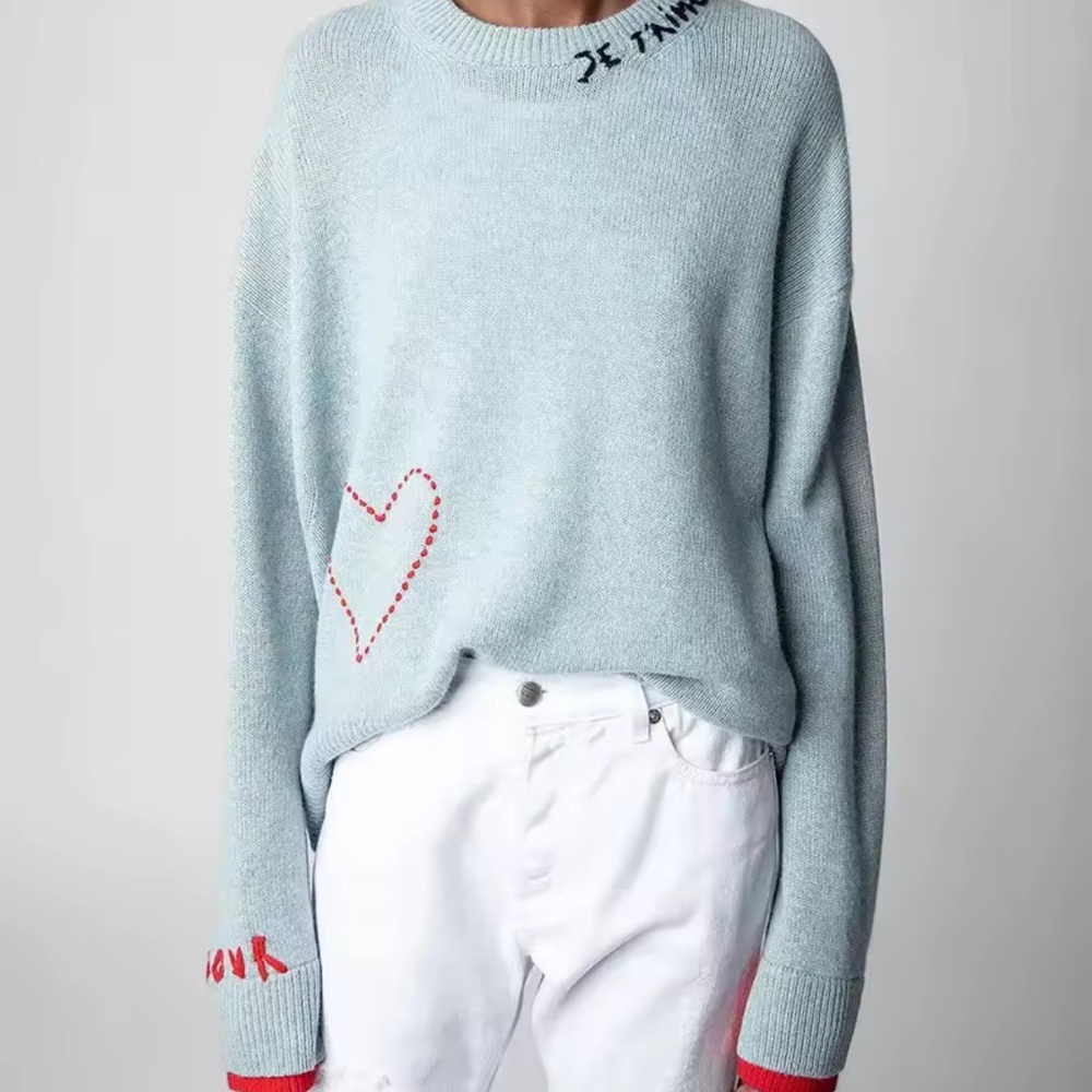 Zadig & Voltaire Women's Light Blue Sweater with Red Accents